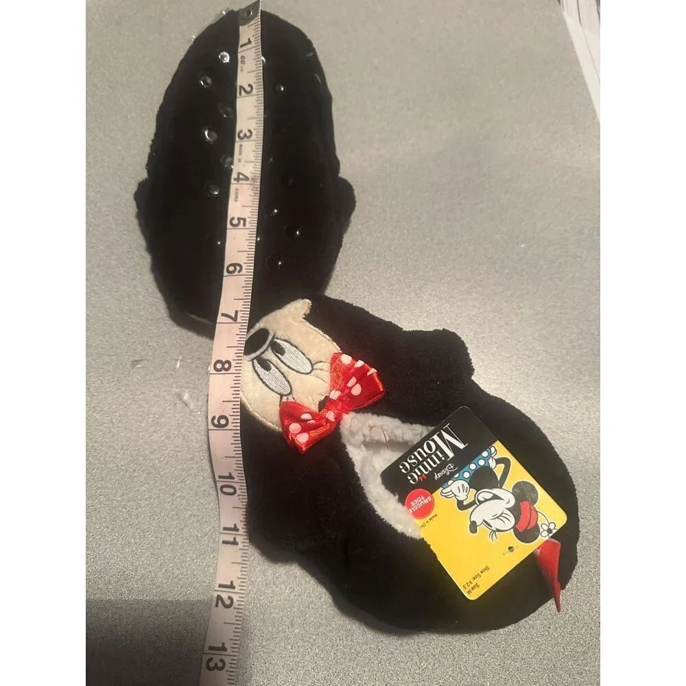 Disney Minnie Mouse Slippers Black Fuzzy Babba Red Bow Girl Shoes Rubber Sole